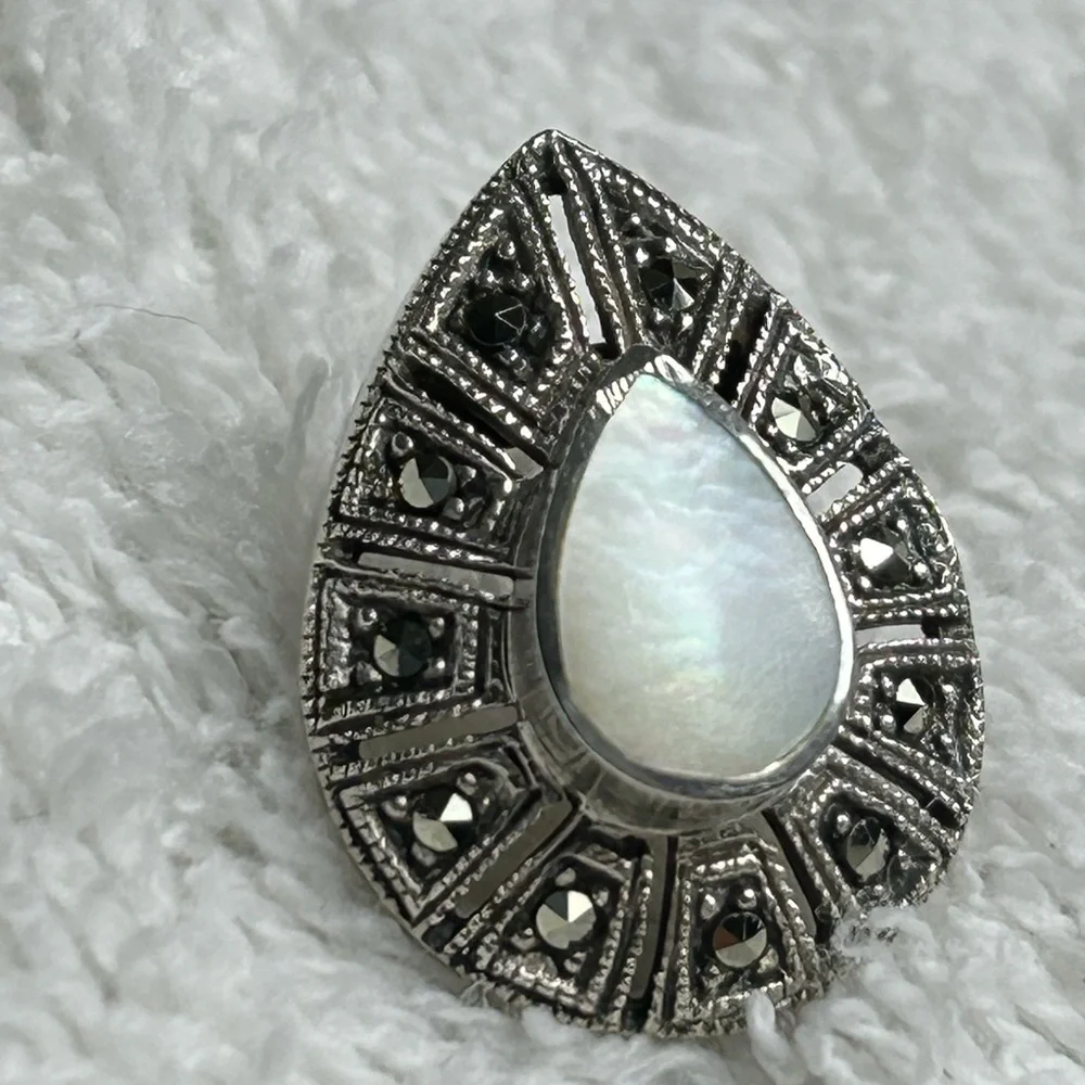 Sterling Silver Marcasite Rhinestone Teardrop Opal Pierced Earring, Single